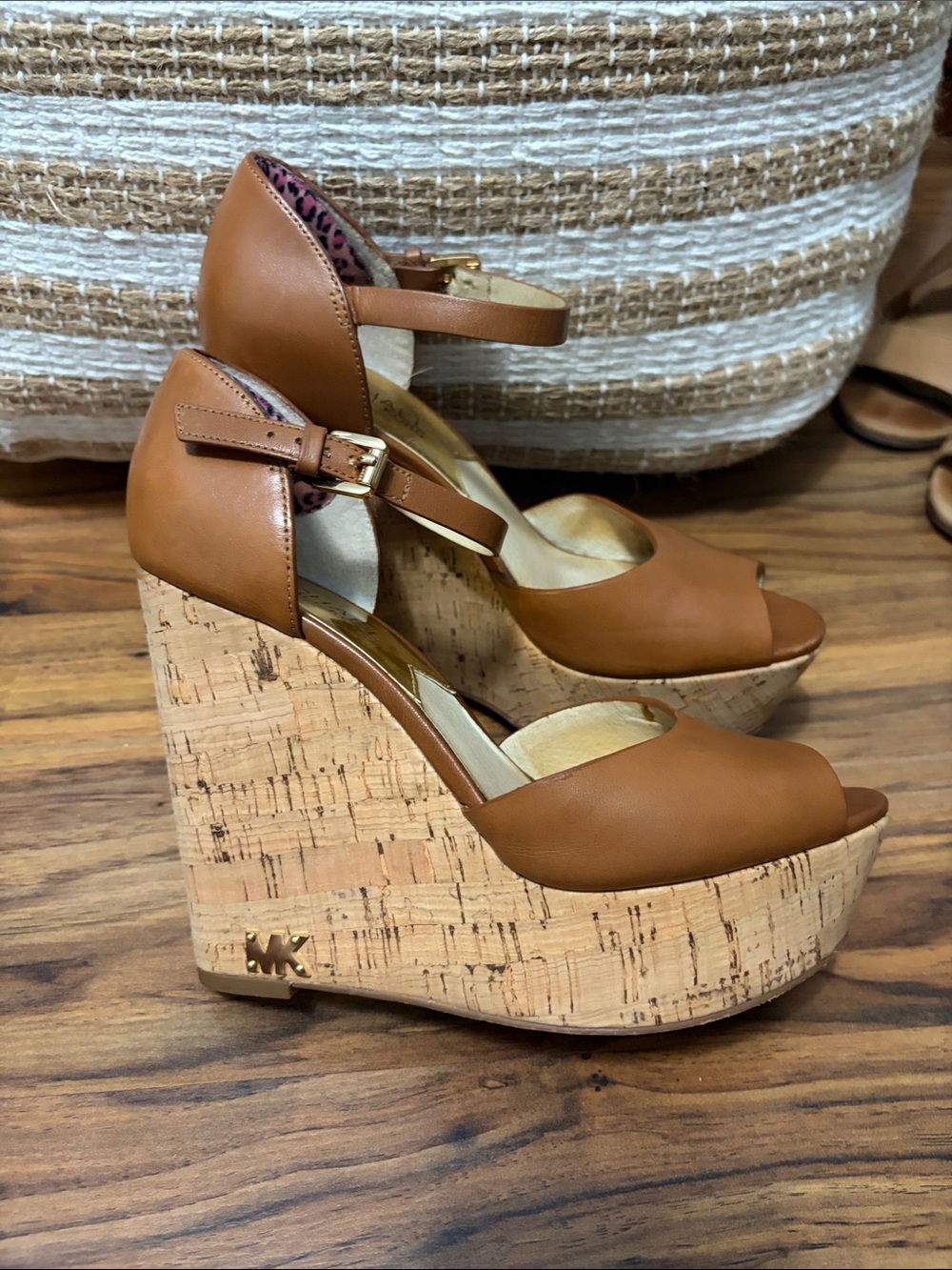 Michael Kors Cognac Leather Cork Wedge Sandals with Ankle Strap